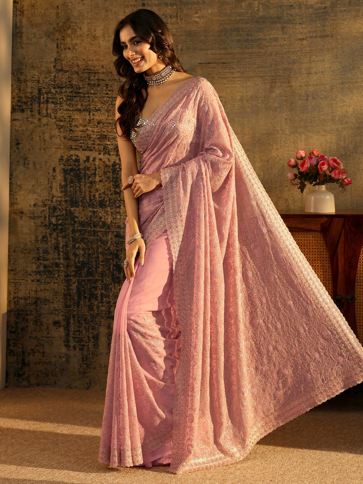 Anouk Baby Pink Floral Embroidered Georgette Saree