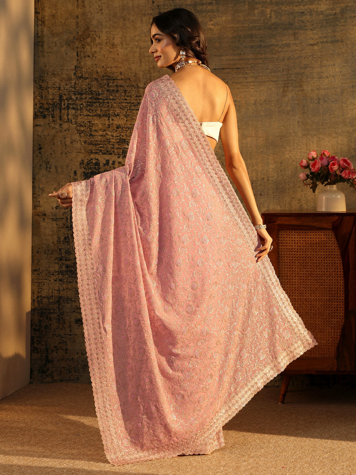 Anouk Baby Pink Floral Embroidered Georgette Saree