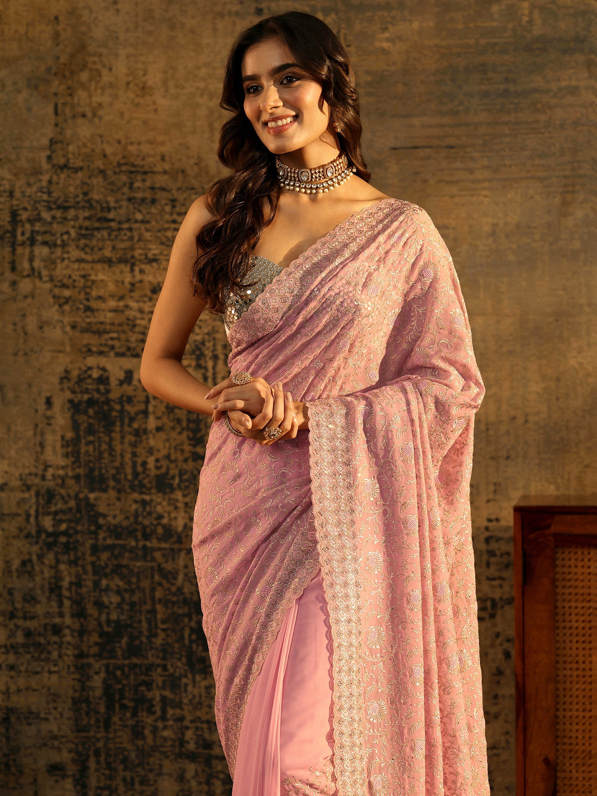 Anouk Baby Pink Floral Embroidered Georgette Saree