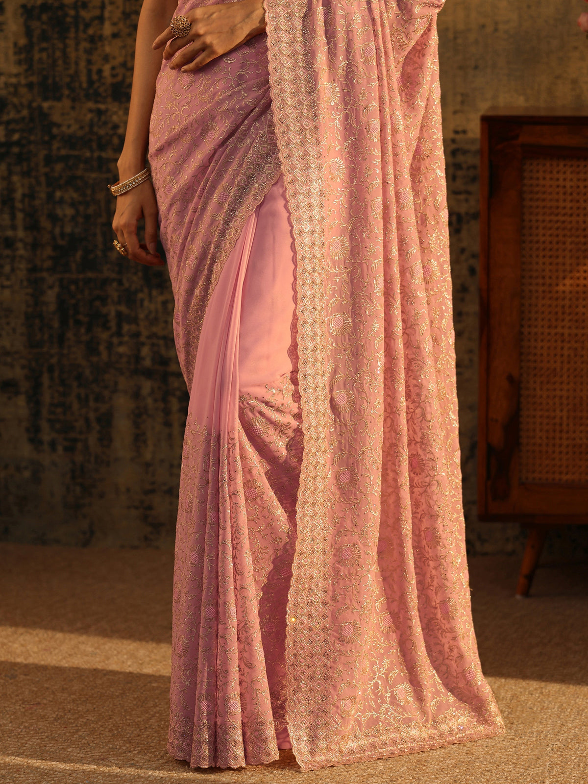 Anouk Baby Pink Floral Embroidered Georgette Saree