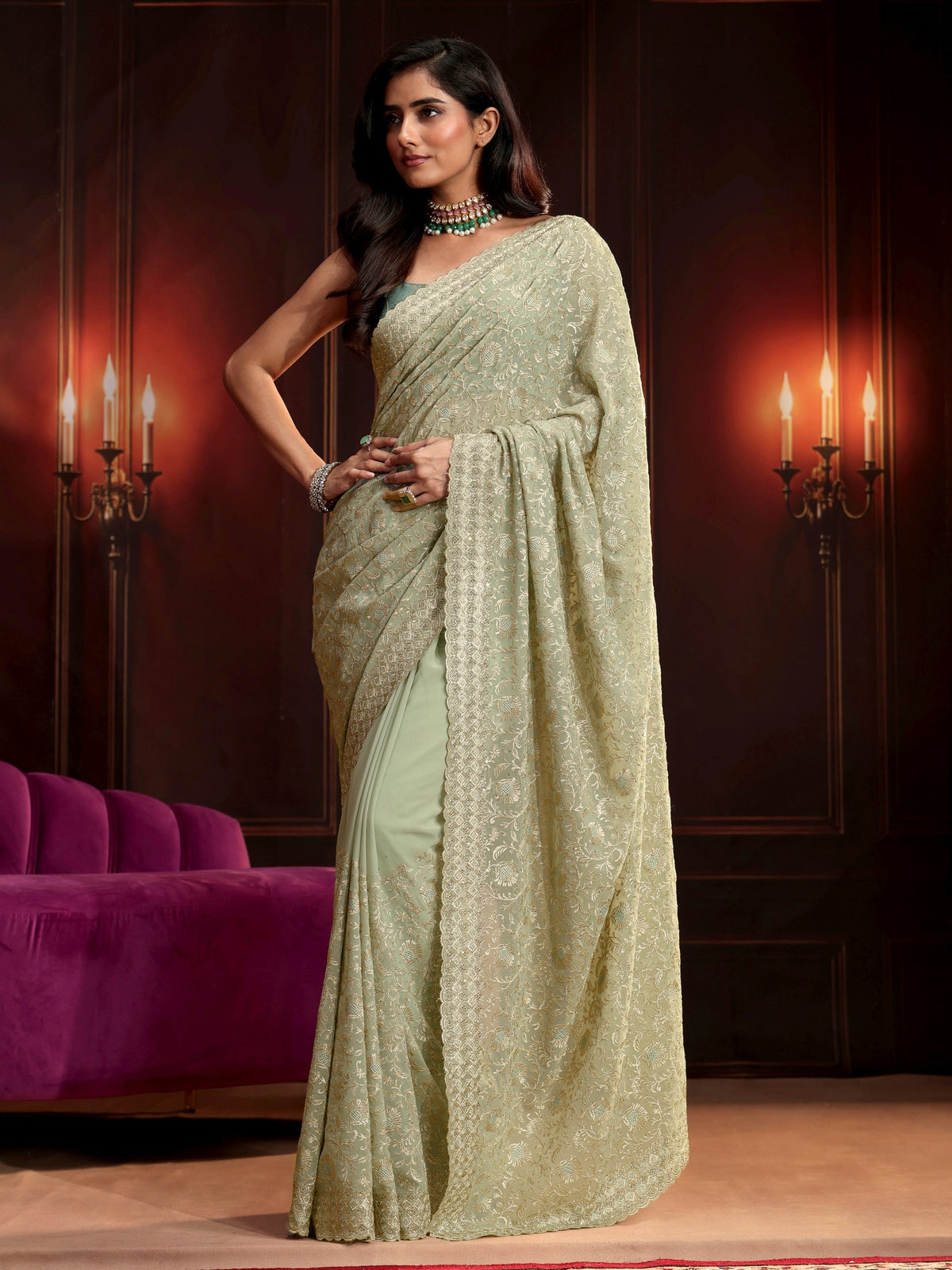 Anouk Pista Green Embroidered Georgette Saree