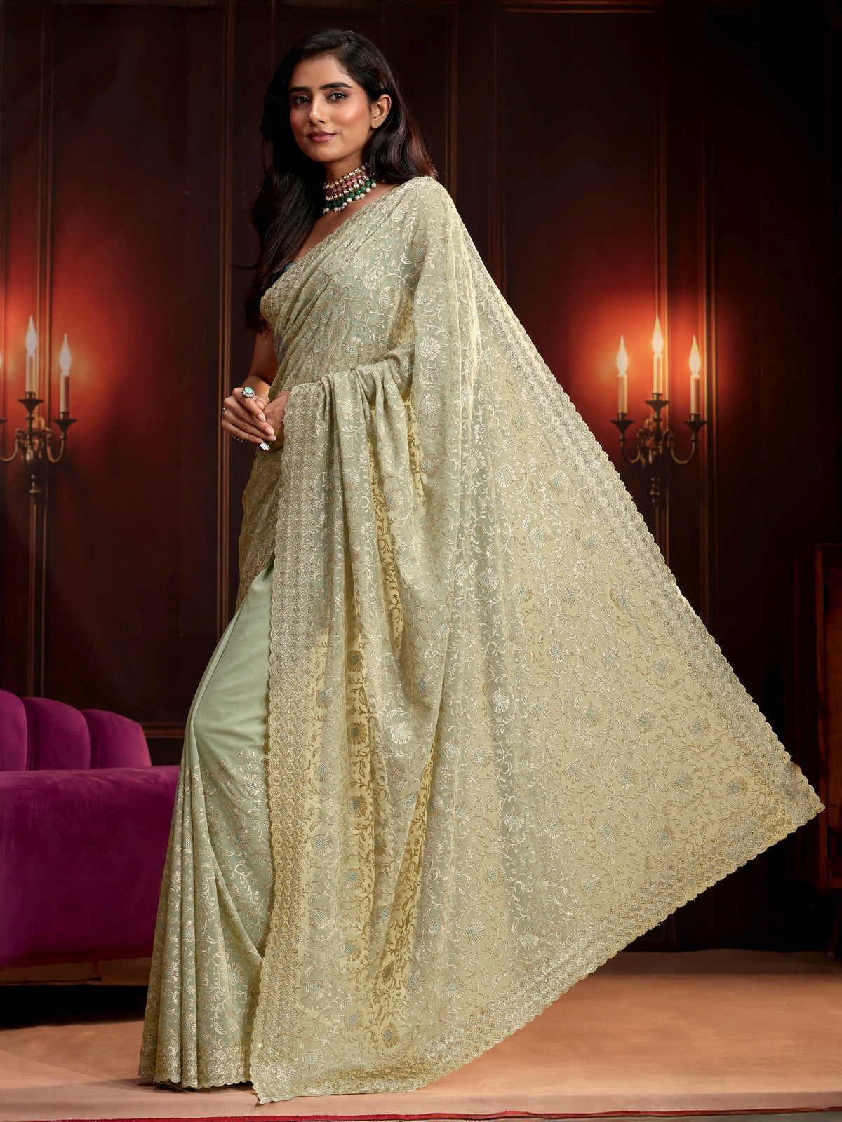 Anouk Pista Green Embroidered Georgette Saree