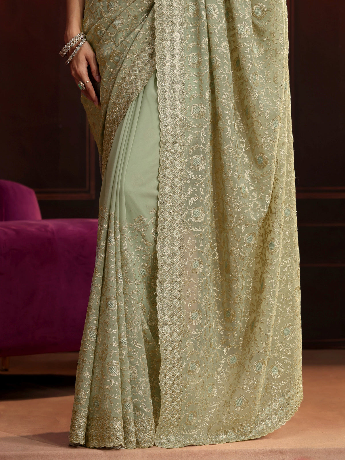 Anouk Pista Green Embroidered Georgette Saree