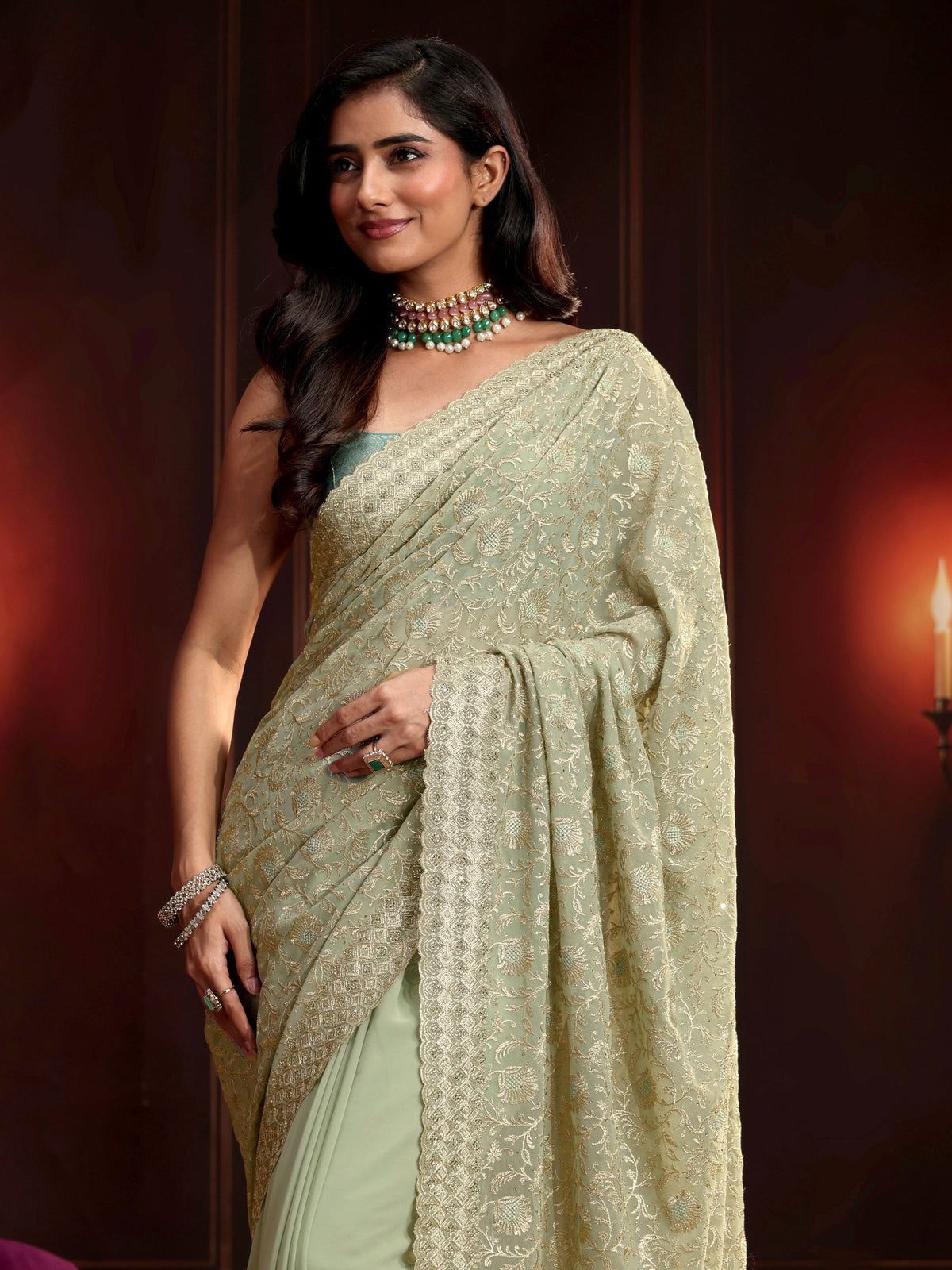 Anouk Pista Green Embroidered Georgette Saree
