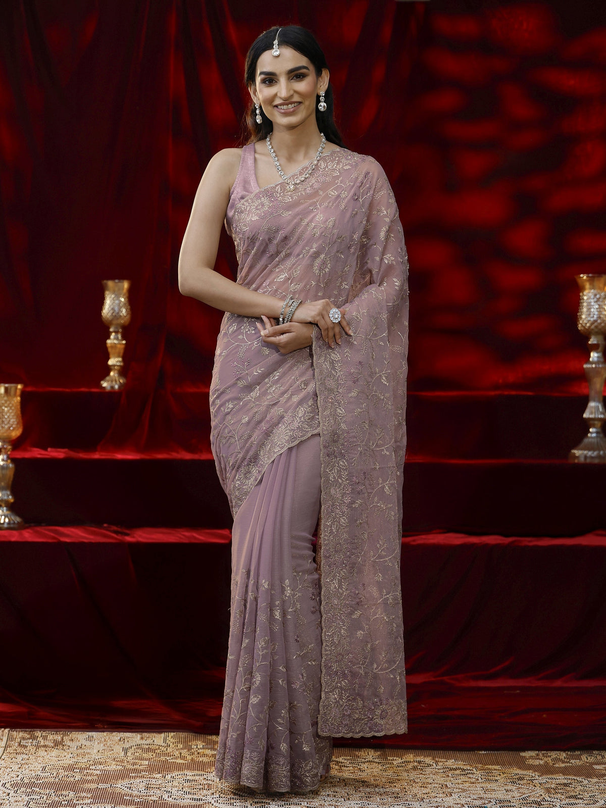 Anouk Lavender Floral Embroidered Chiffon Saree