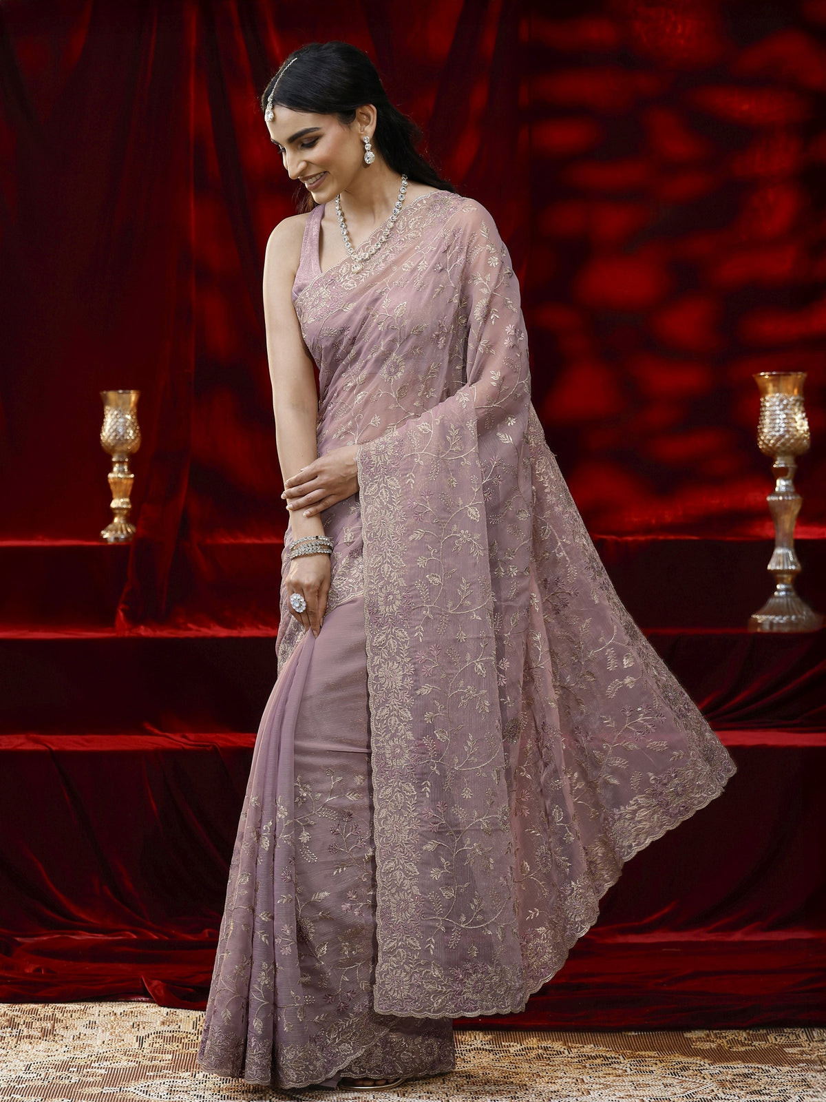 Anouk Lavender Floral Embroidered Chiffon Saree