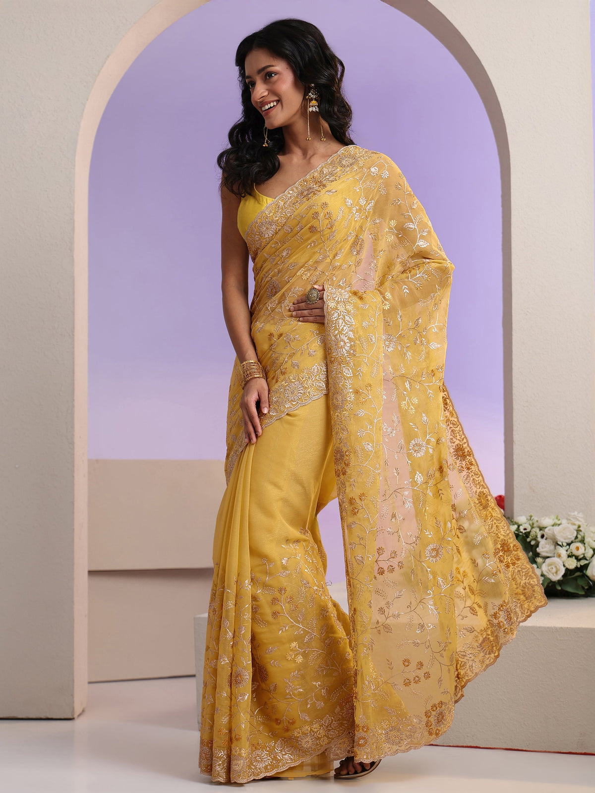 Anouk Mustard Floral Embroidered Chiffon Saree