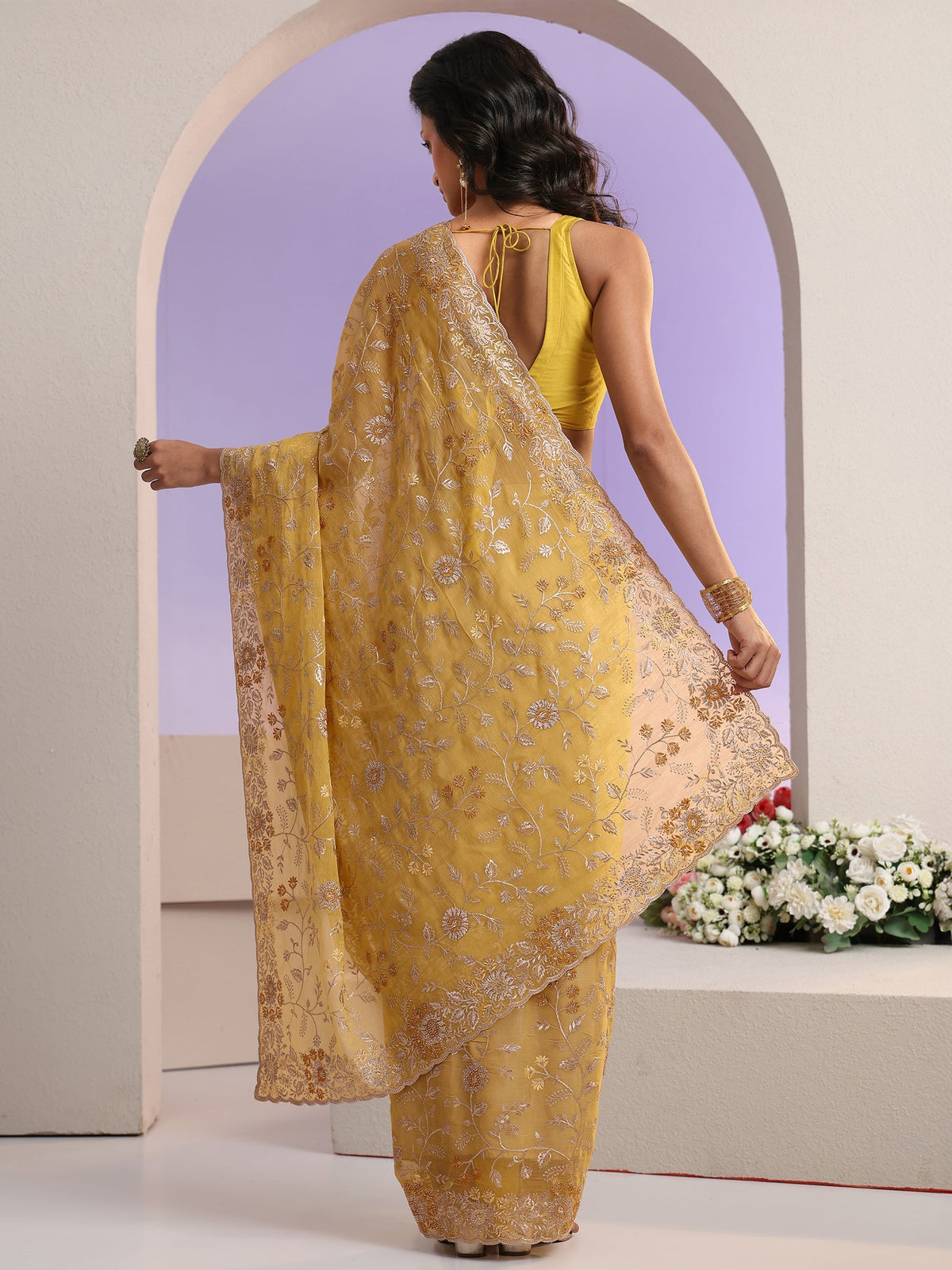 Anouk Mustard Floral Embroidered Chiffon Saree