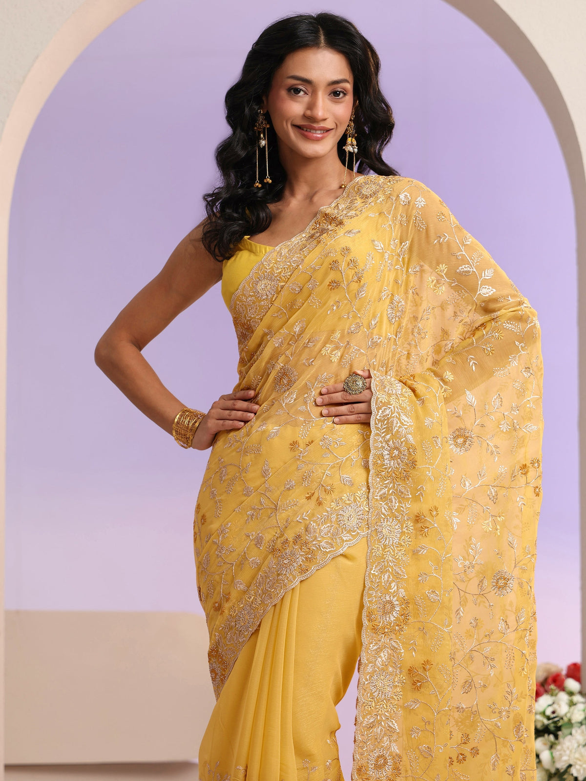Anouk Mustard Floral Embroidered Chiffon Saree