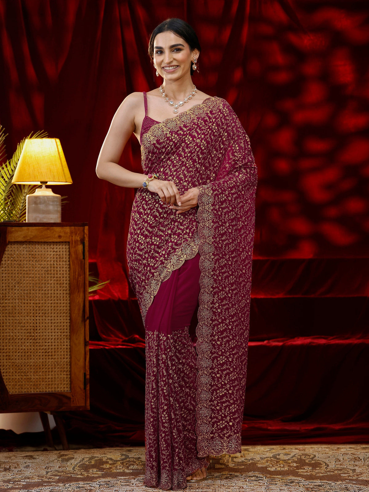 Anouk Pink Floral Embroidered Georgette Saree
