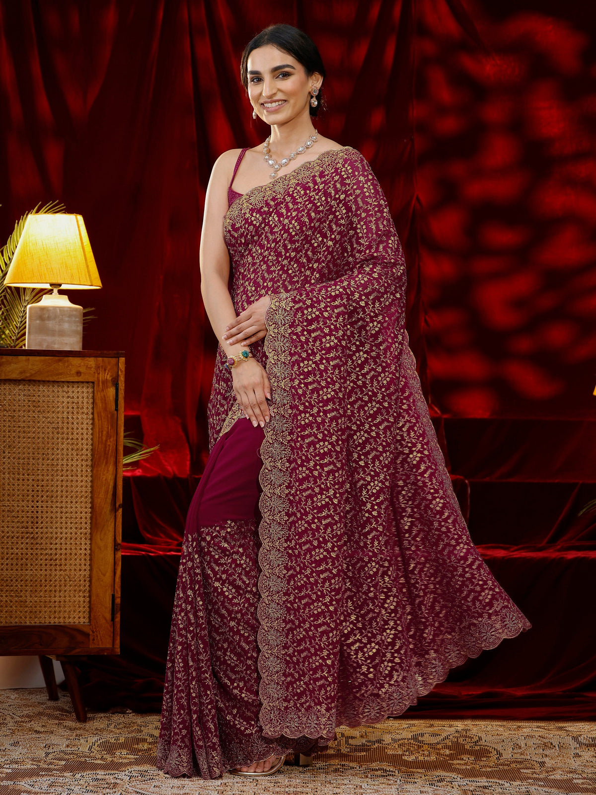 Anouk Pink Floral Embroidered Georgette Saree