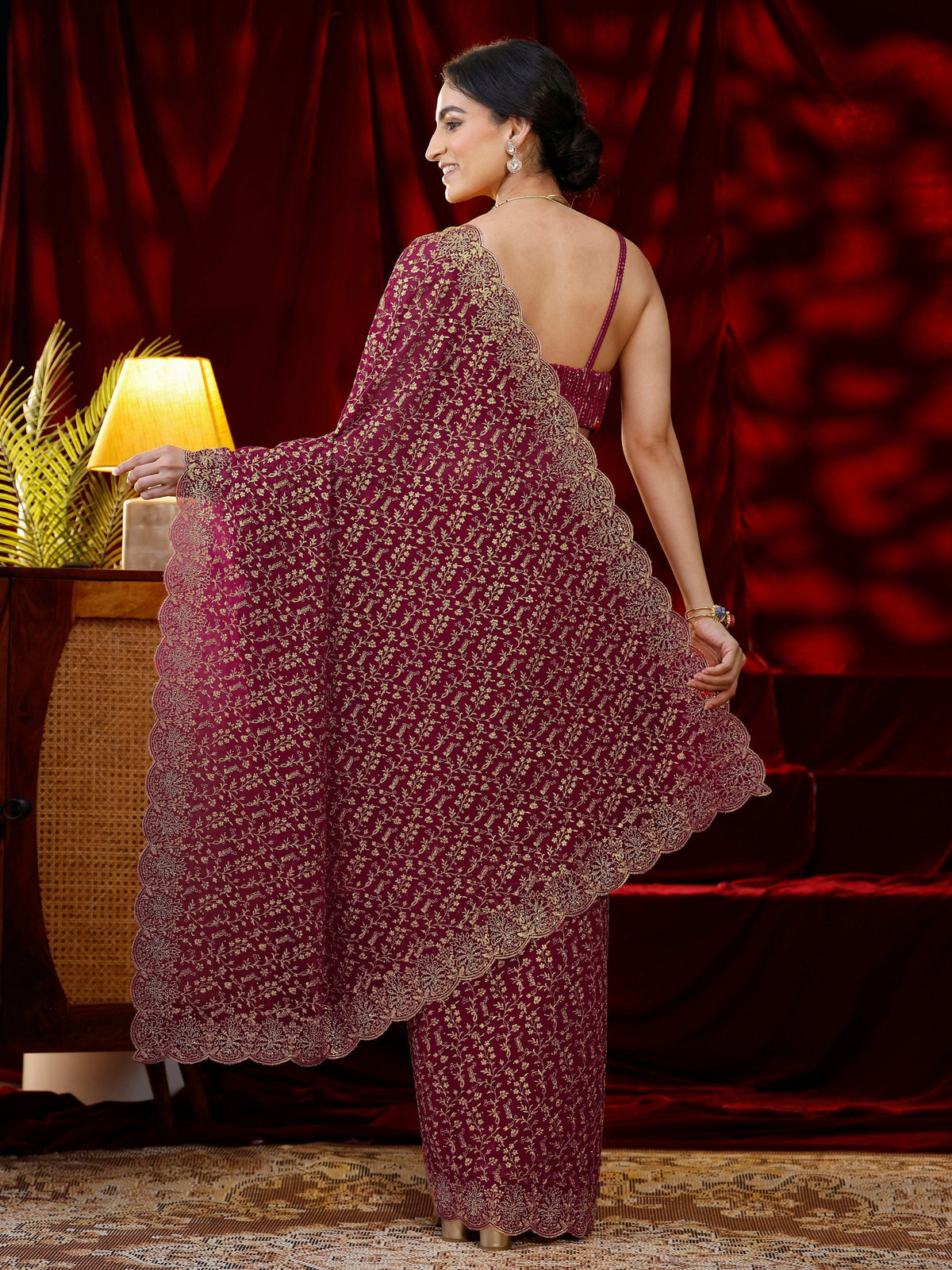 Anouk Pink Floral Embroidered Georgette Saree