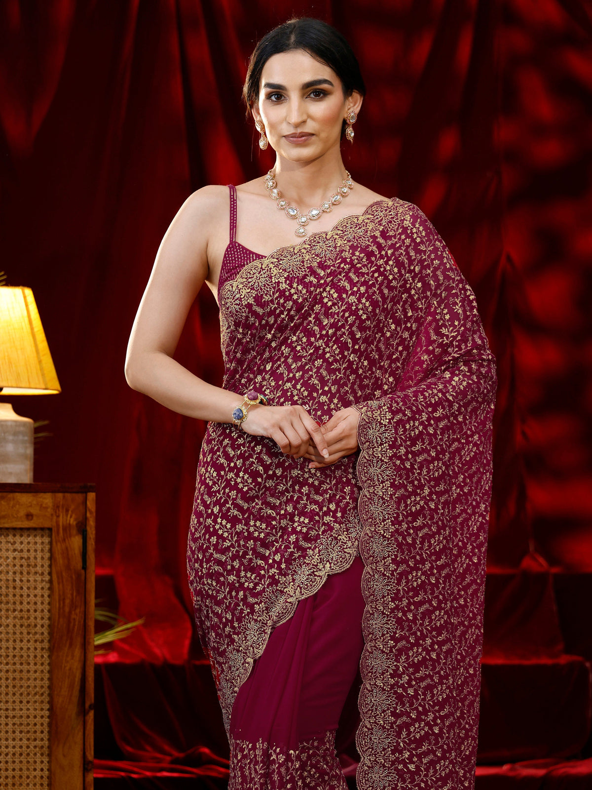 Anouk Pink Floral Embroidered Georgette Saree