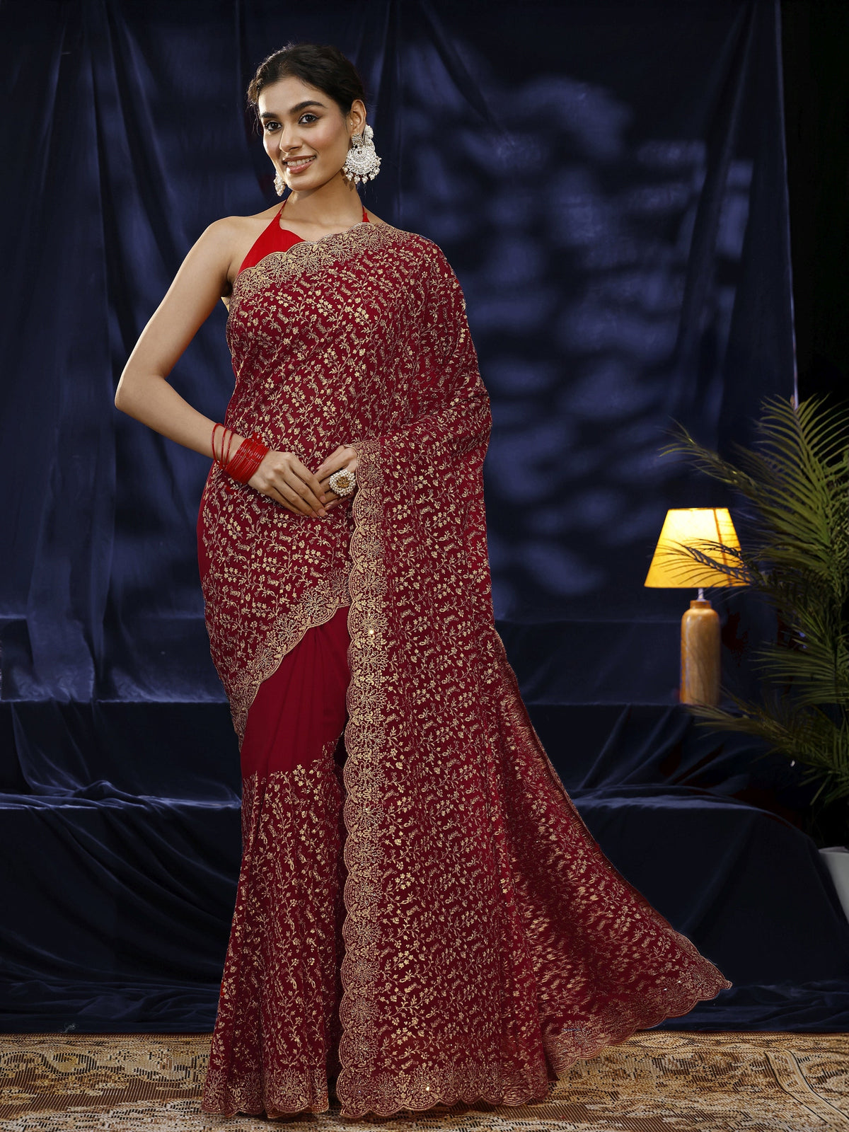 Anouk Red Floral Embroidered Georgette Saree