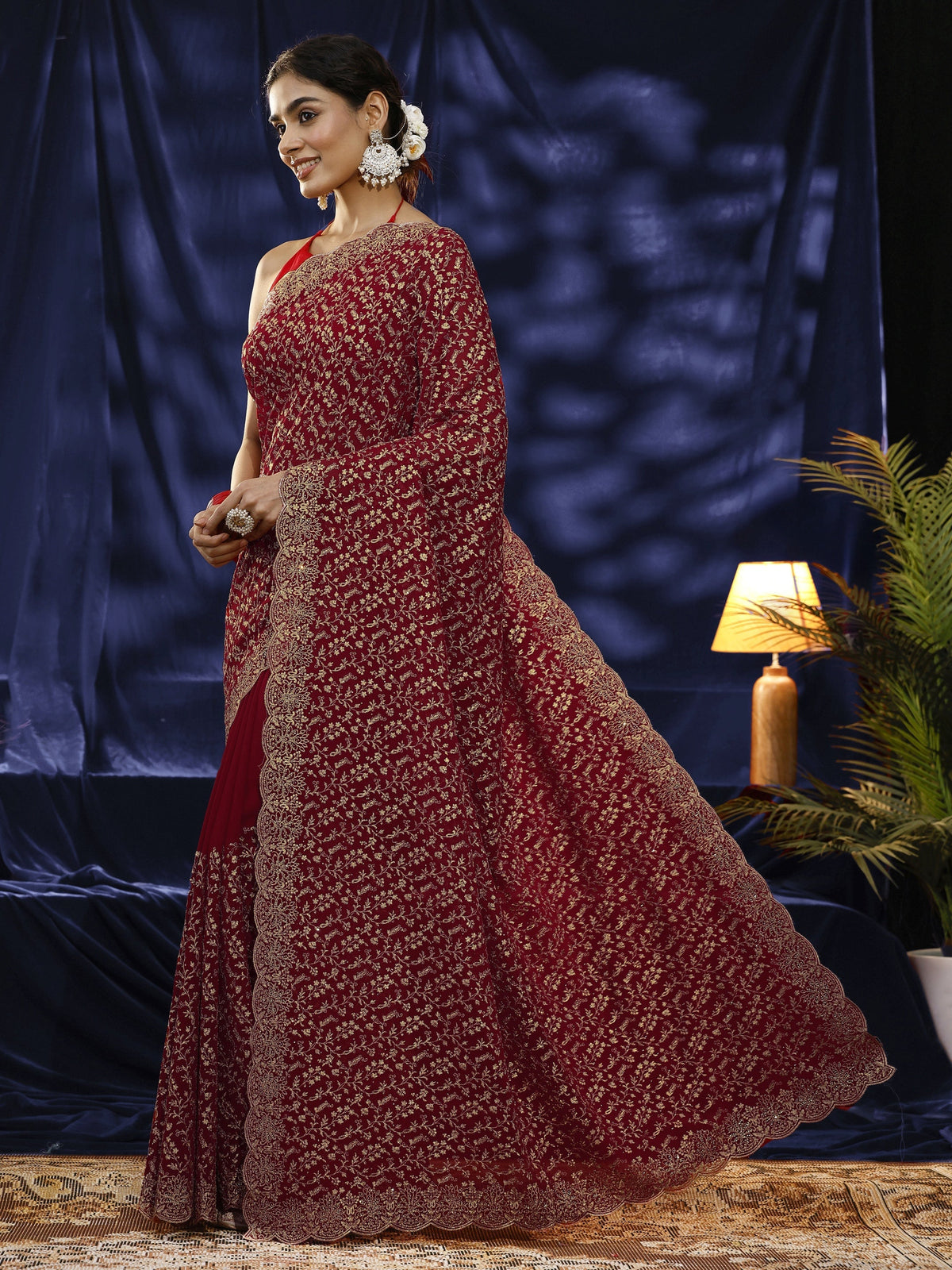 Anouk Red Floral Embroidered Georgette Saree