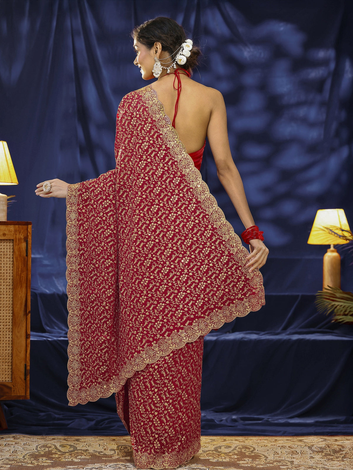 Anouk Red Floral Embroidered Georgette Saree