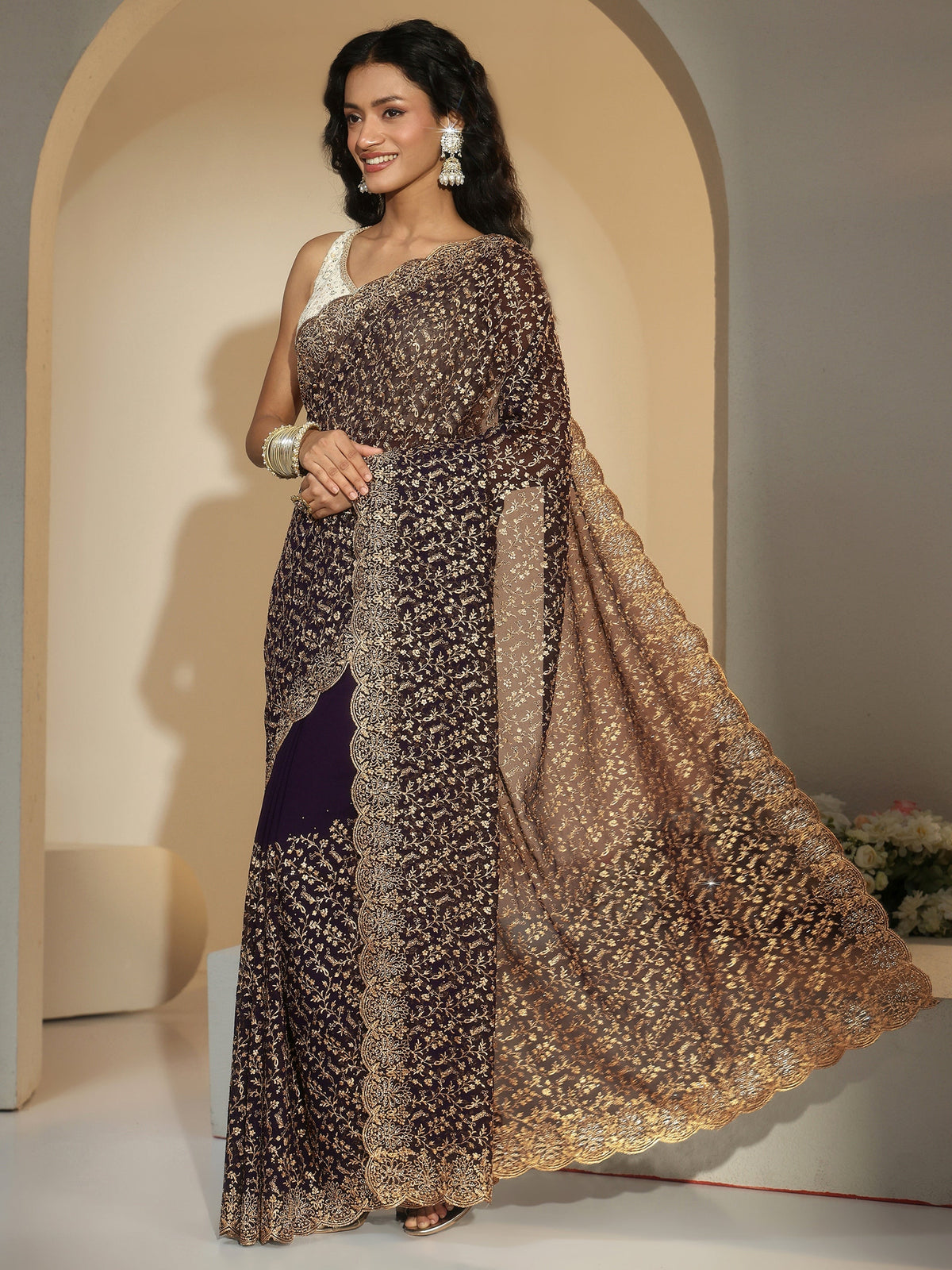 Anouk Dark Purple Floral Embroidered Georgette Saree