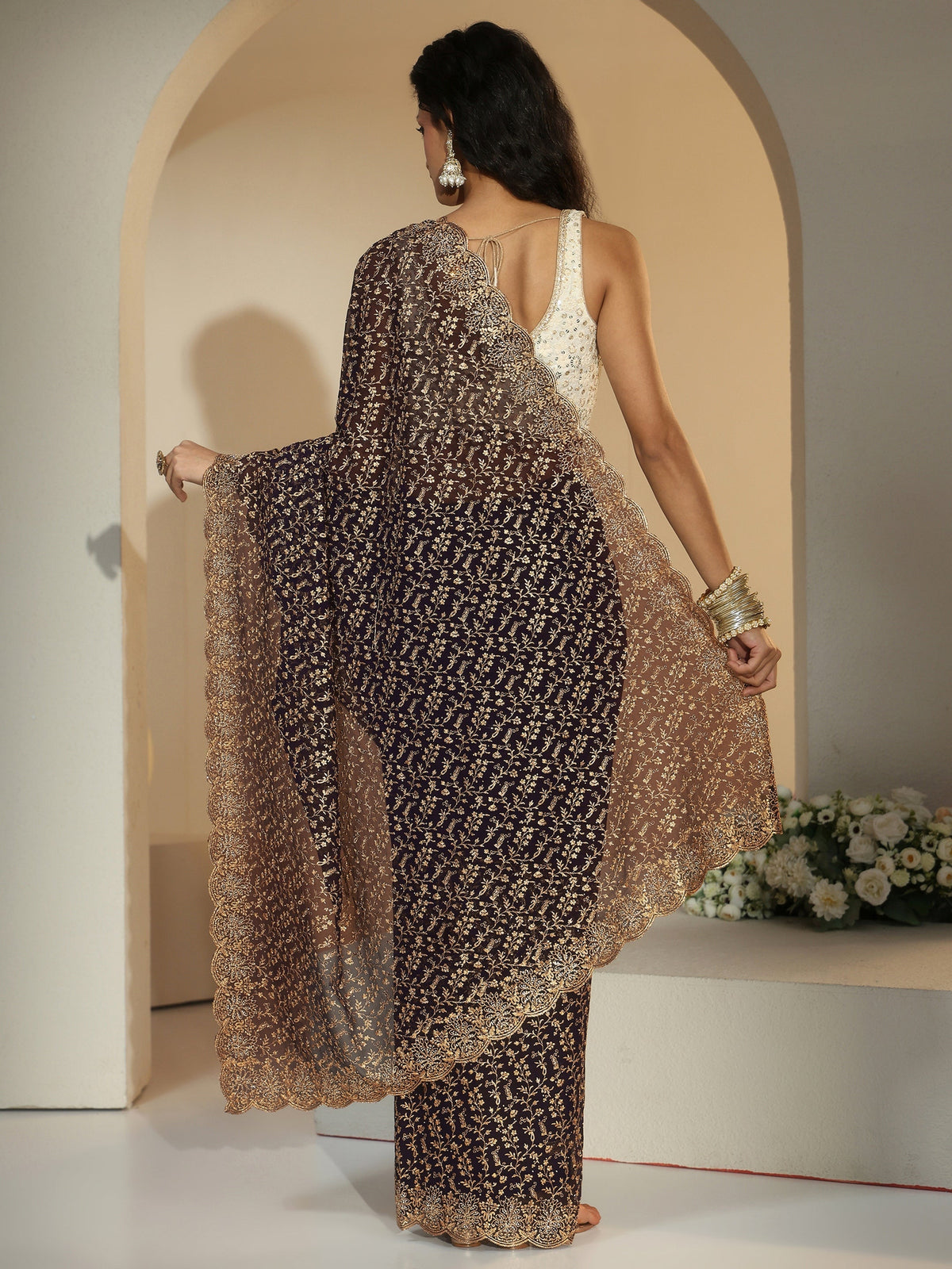 Anouk Dark Purple Floral Embroidered Georgette Saree