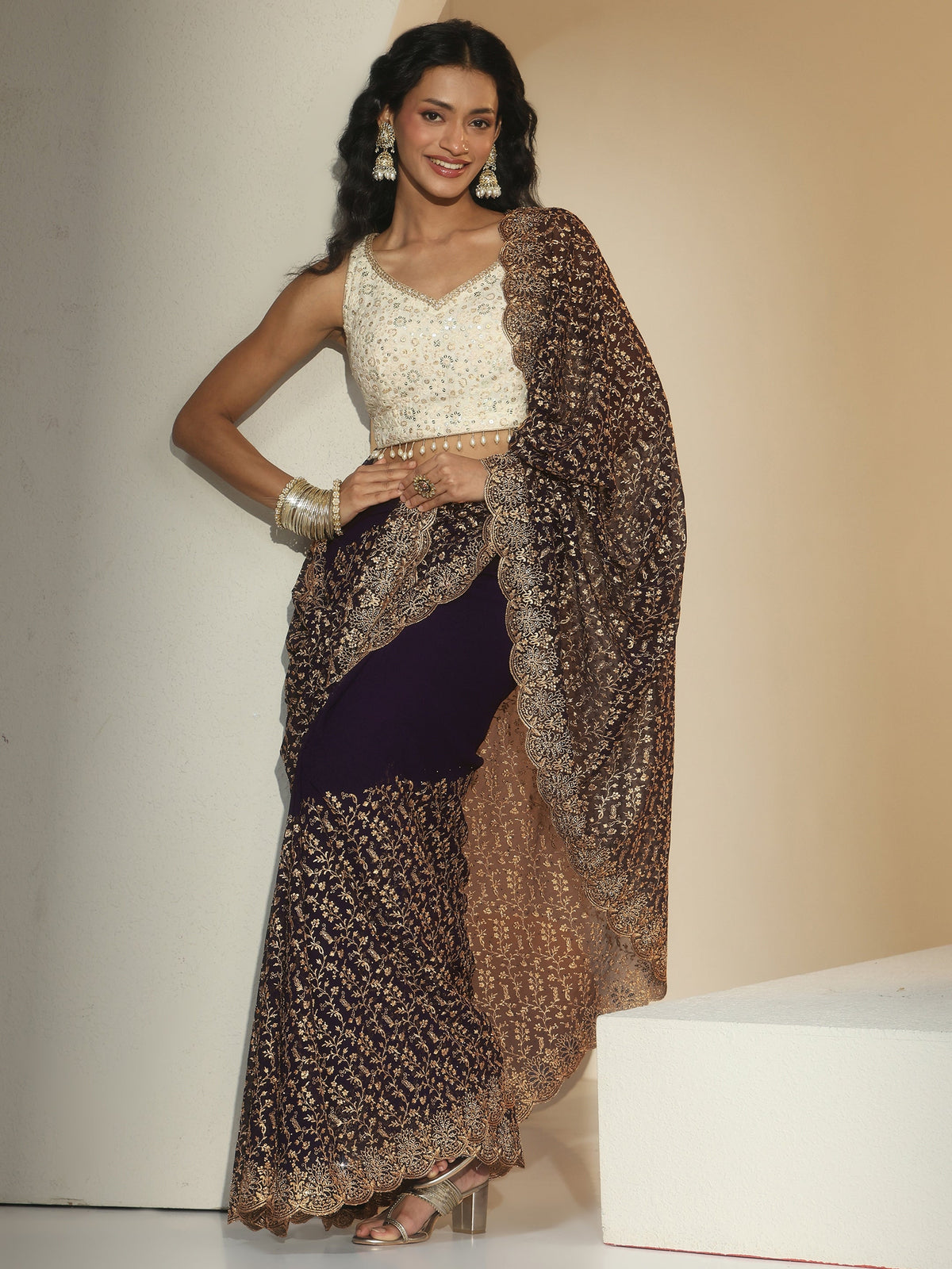 Anouk Dark Purple Floral Embroidered Georgette Saree