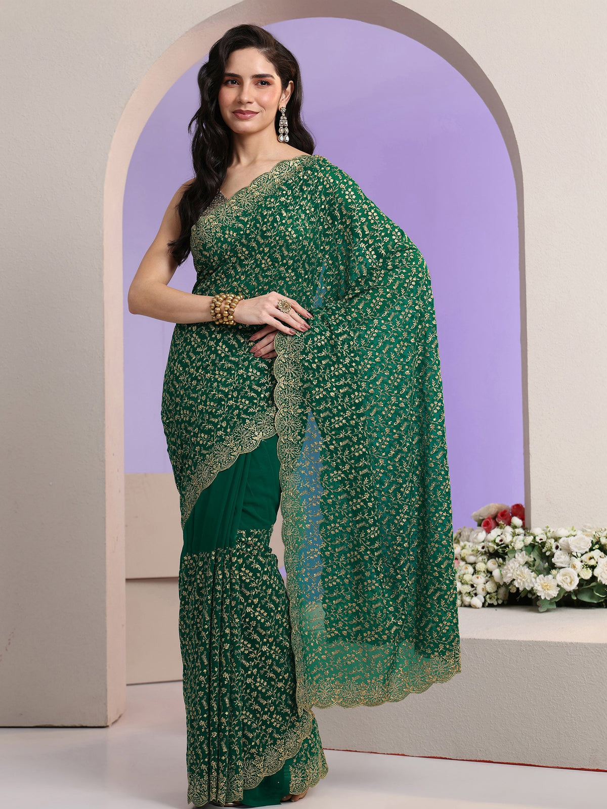 Anouk Bottle Green Floral Embroidered Georgette Saree