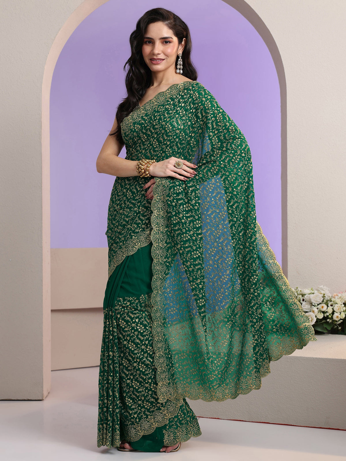 Anouk Bottle Green Floral Embroidered Georgette Saree