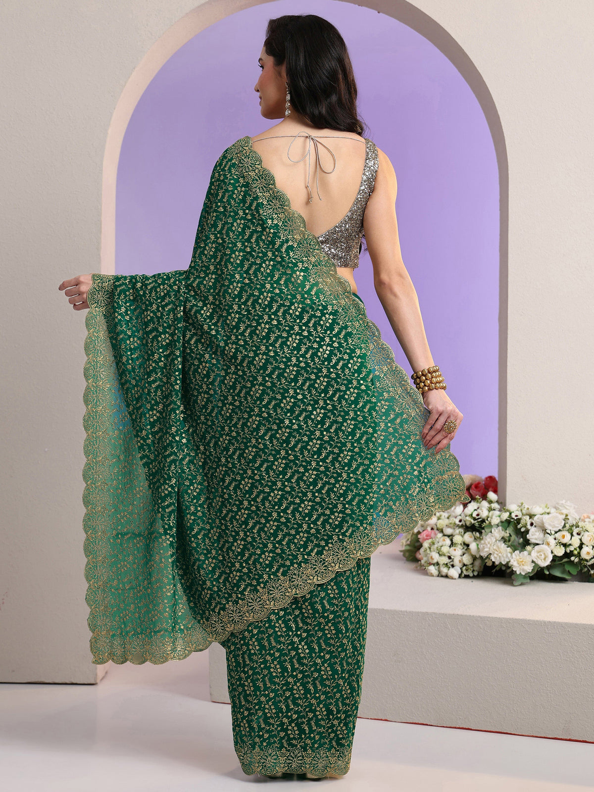 Anouk Bottle Green Floral Embroidered Georgette Saree