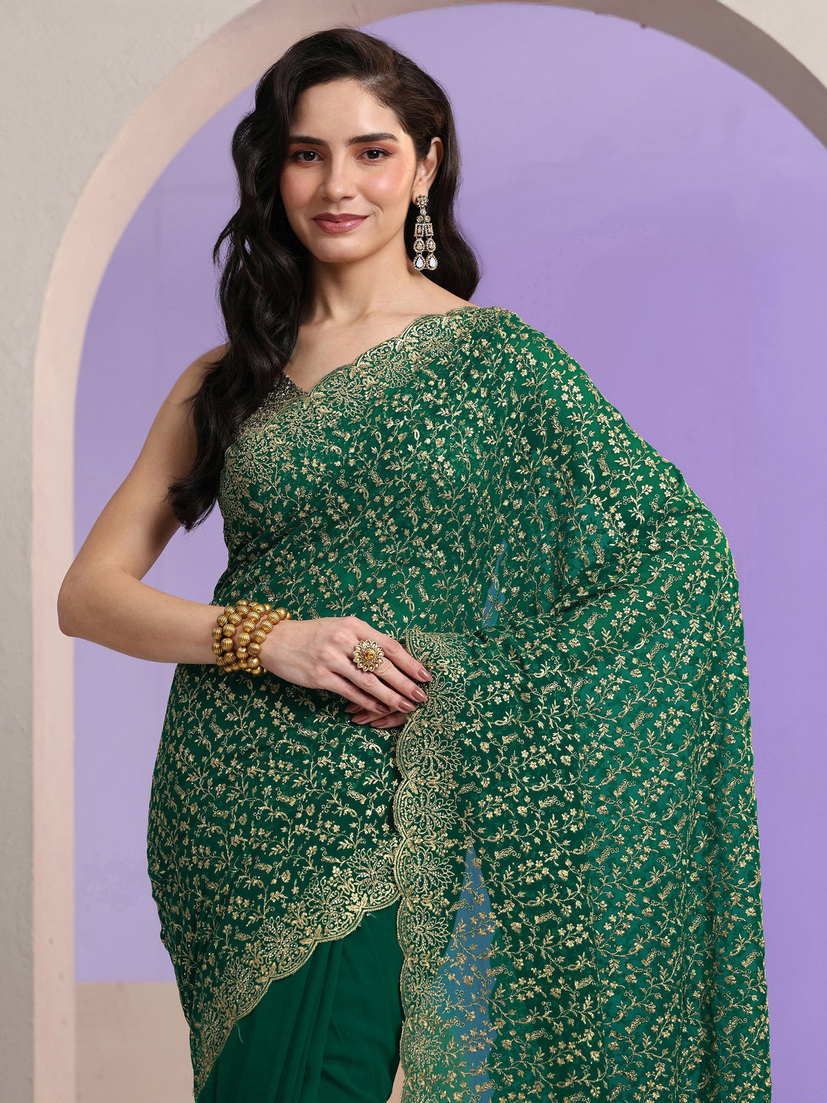 Anouk Bottle Green Floral Embroidered Georgette Saree