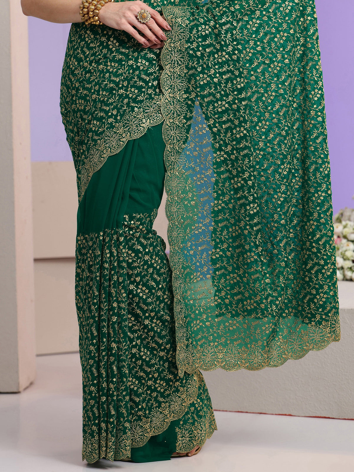 Anouk Bottle Green Floral Embroidered Georgette Saree