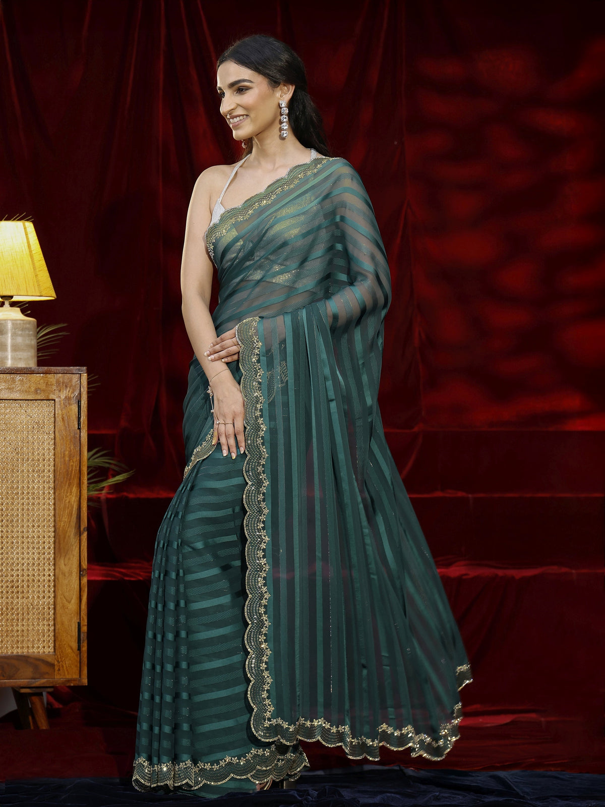 Anouk Green Striped Net Saree