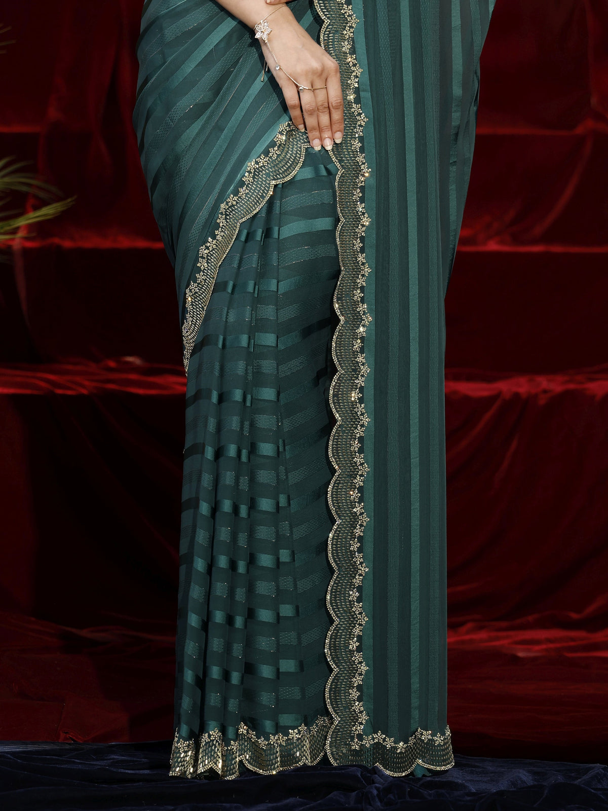 Anouk Green Striped Net Saree
