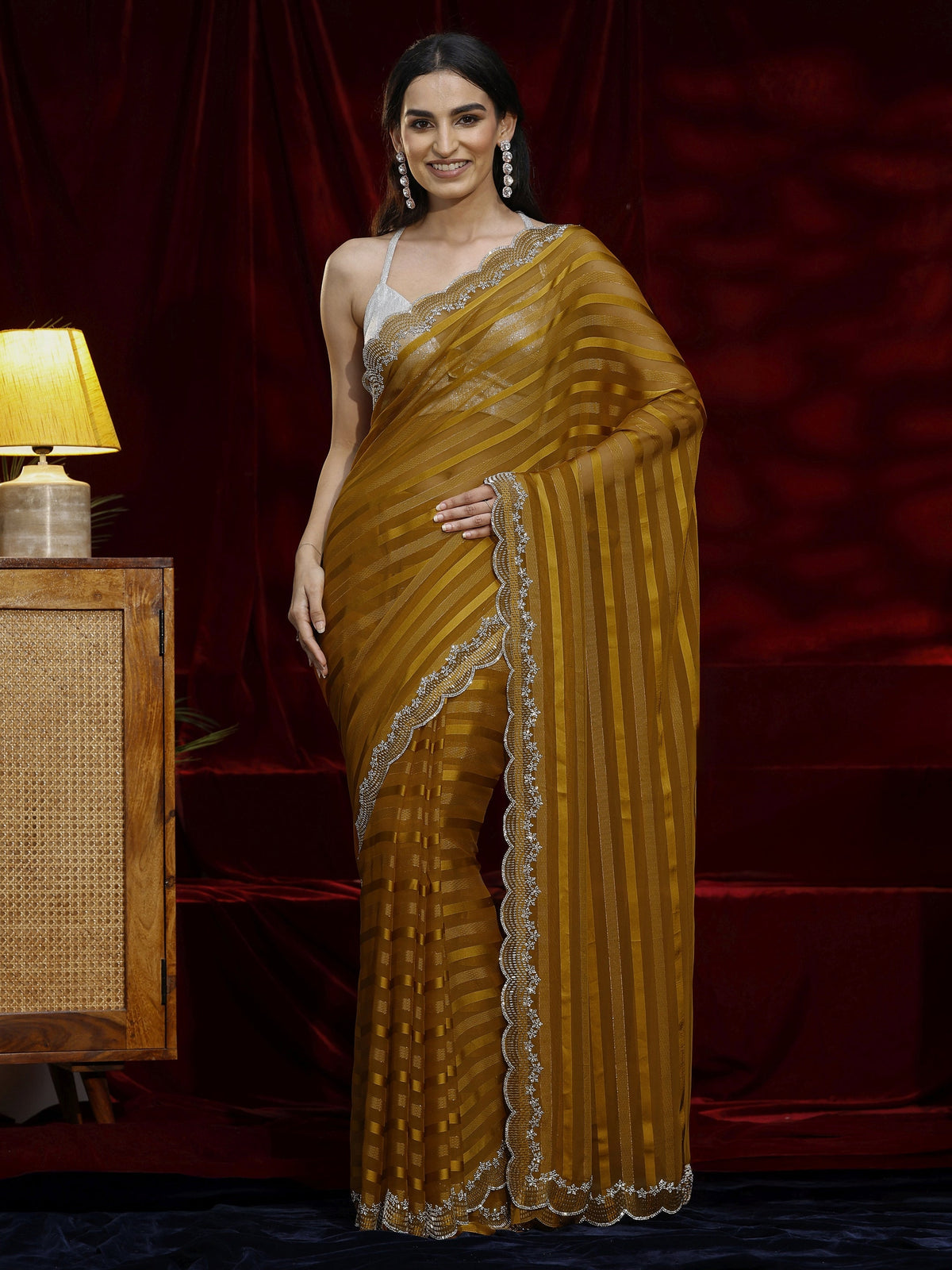 Anouk Mustard Striped Net Saree
