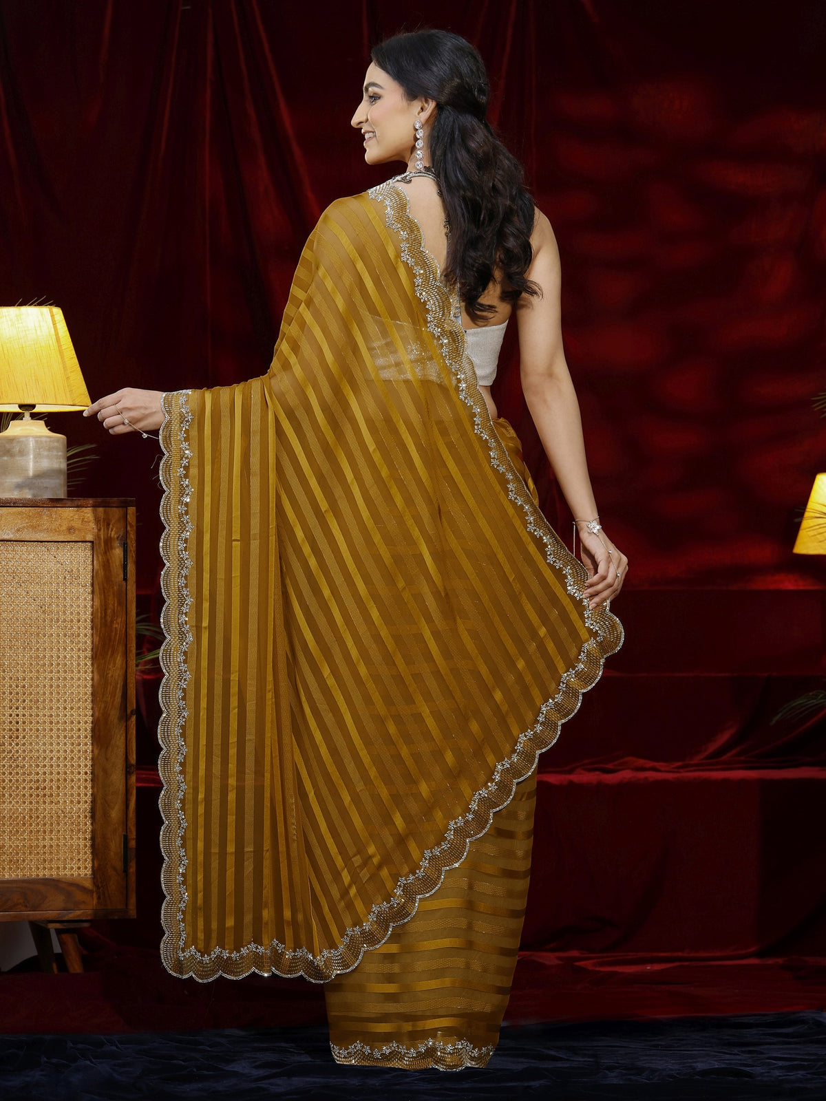 Anouk Mustard Striped Net Saree