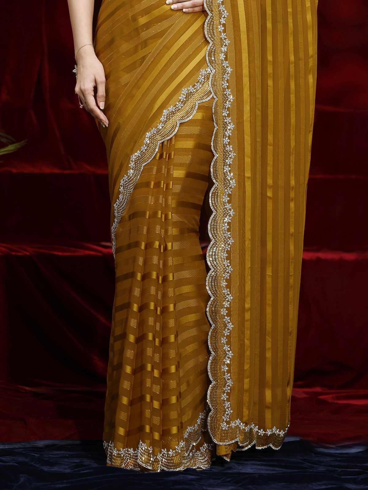 Anouk Mustard Striped Net Saree