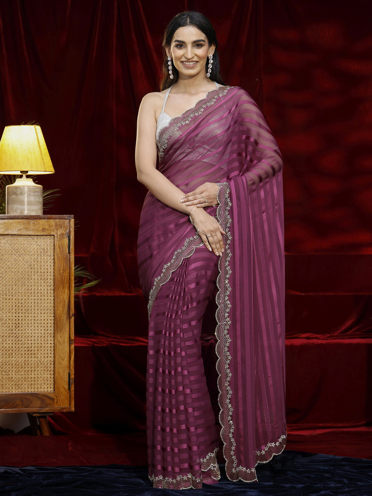 Anouk Burgundy Striped Net Saree