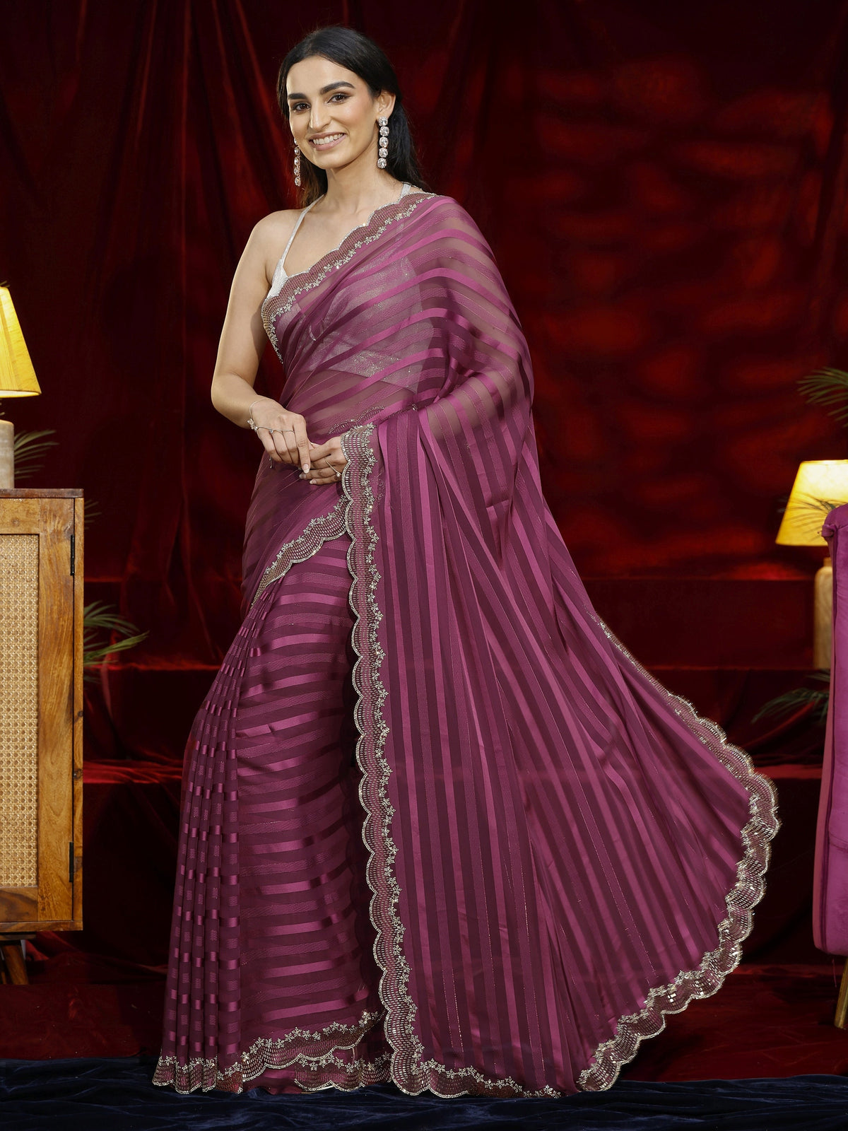 Anouk Burgundy Striped Net Saree