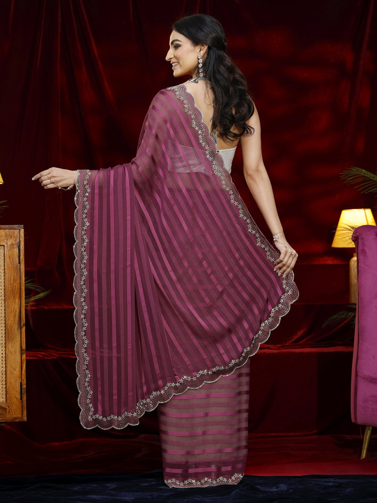 Anouk Burgundy Striped Net Saree