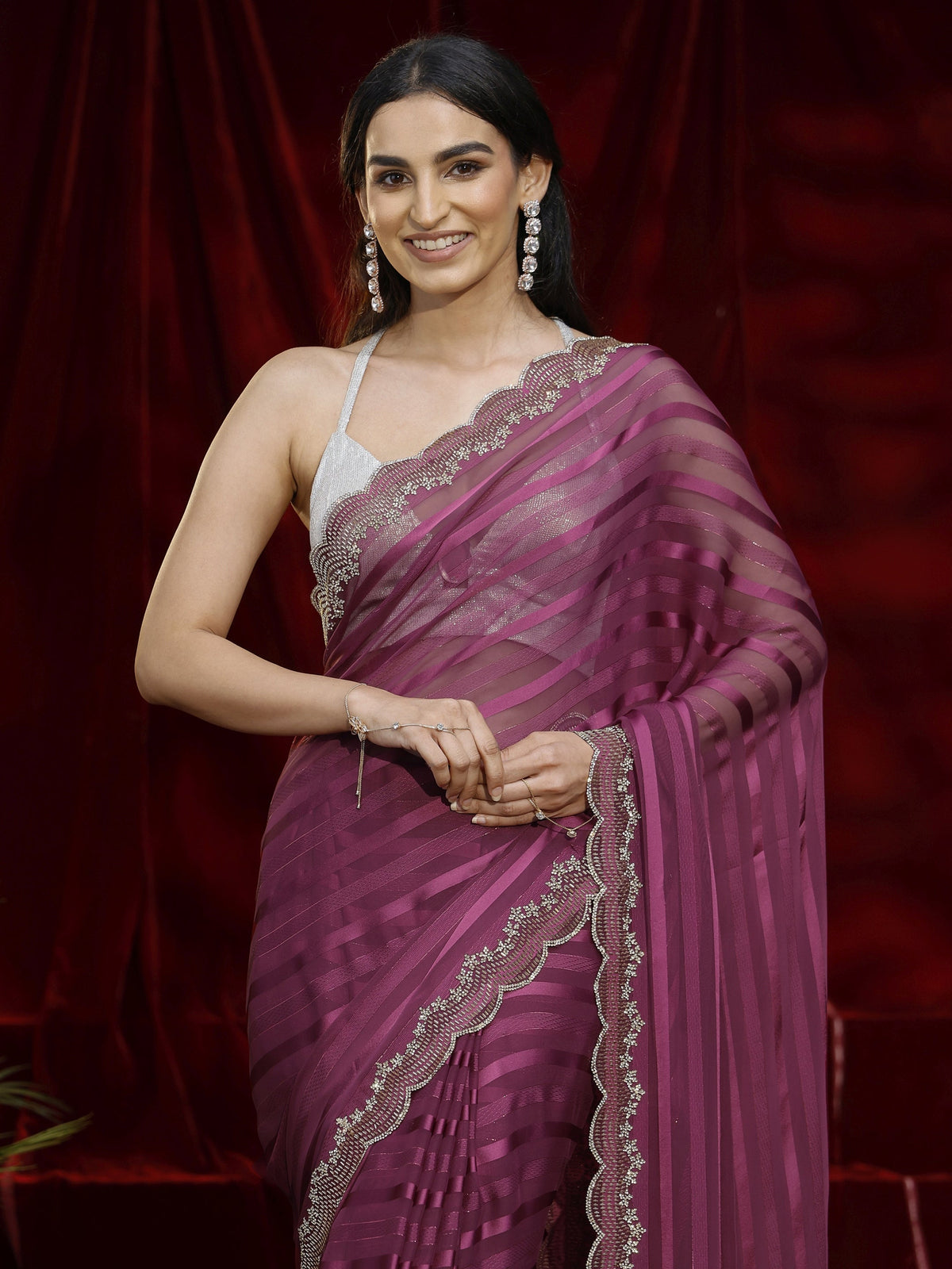 Anouk Burgundy Striped Net Saree