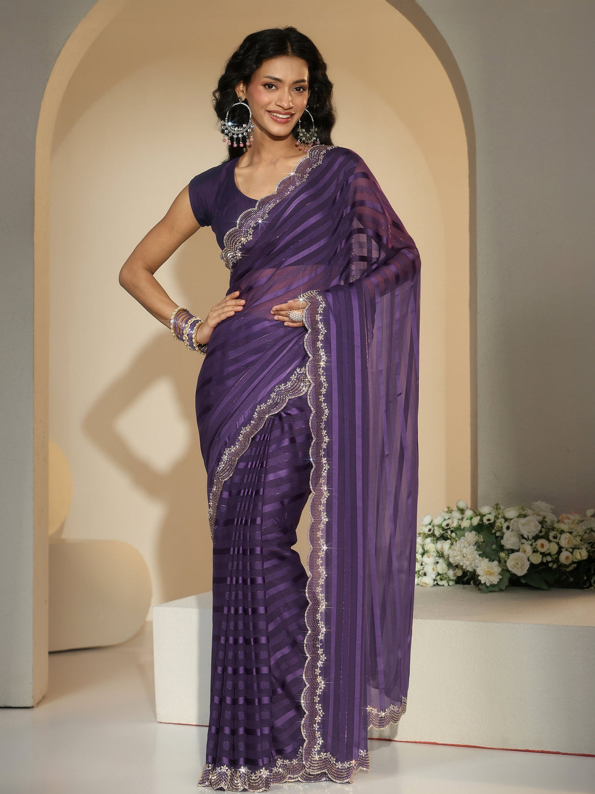 Anouk Purple Striped Embellished Net Saree