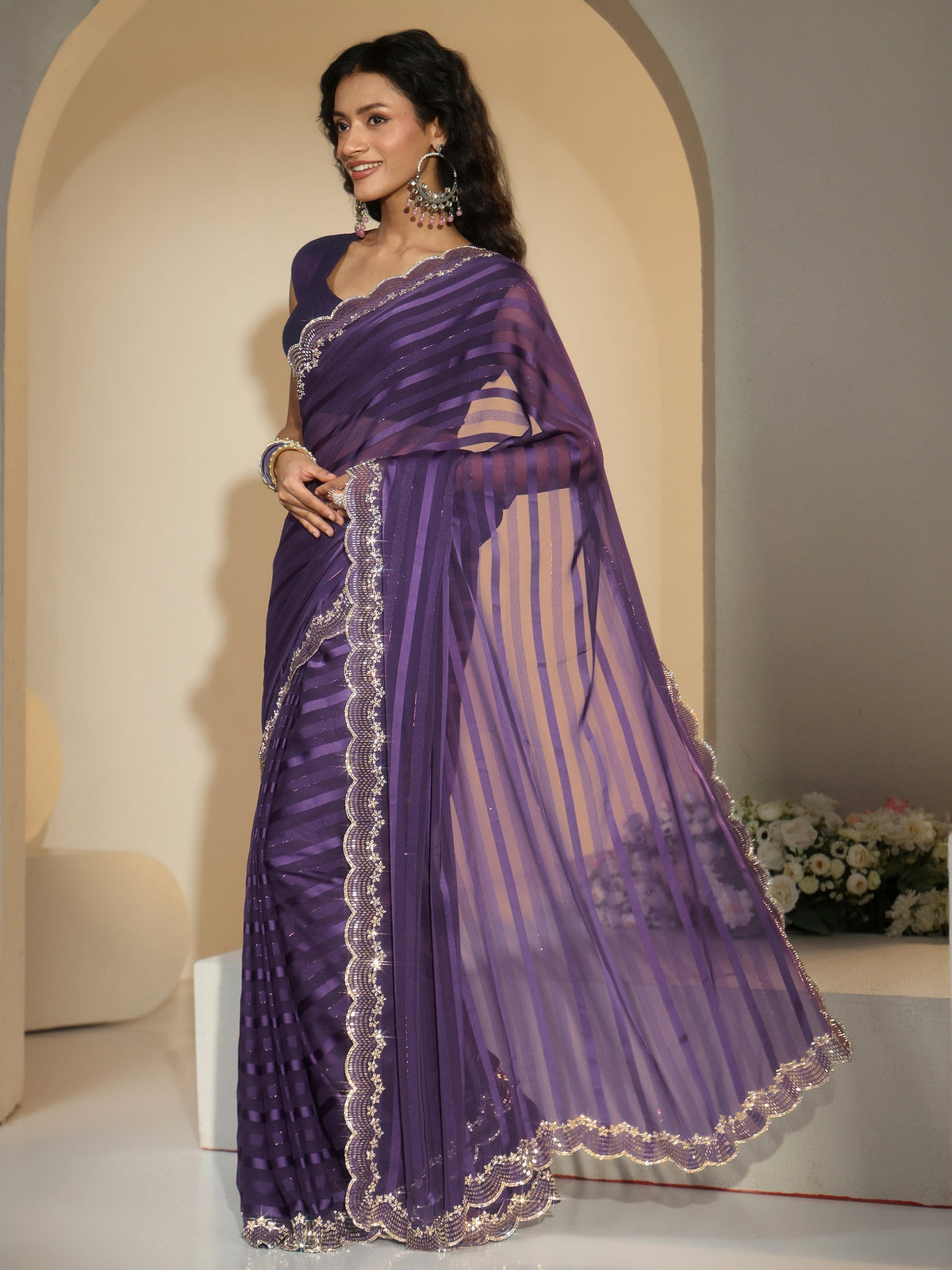 Anouk Purple Striped Embellished Net Saree