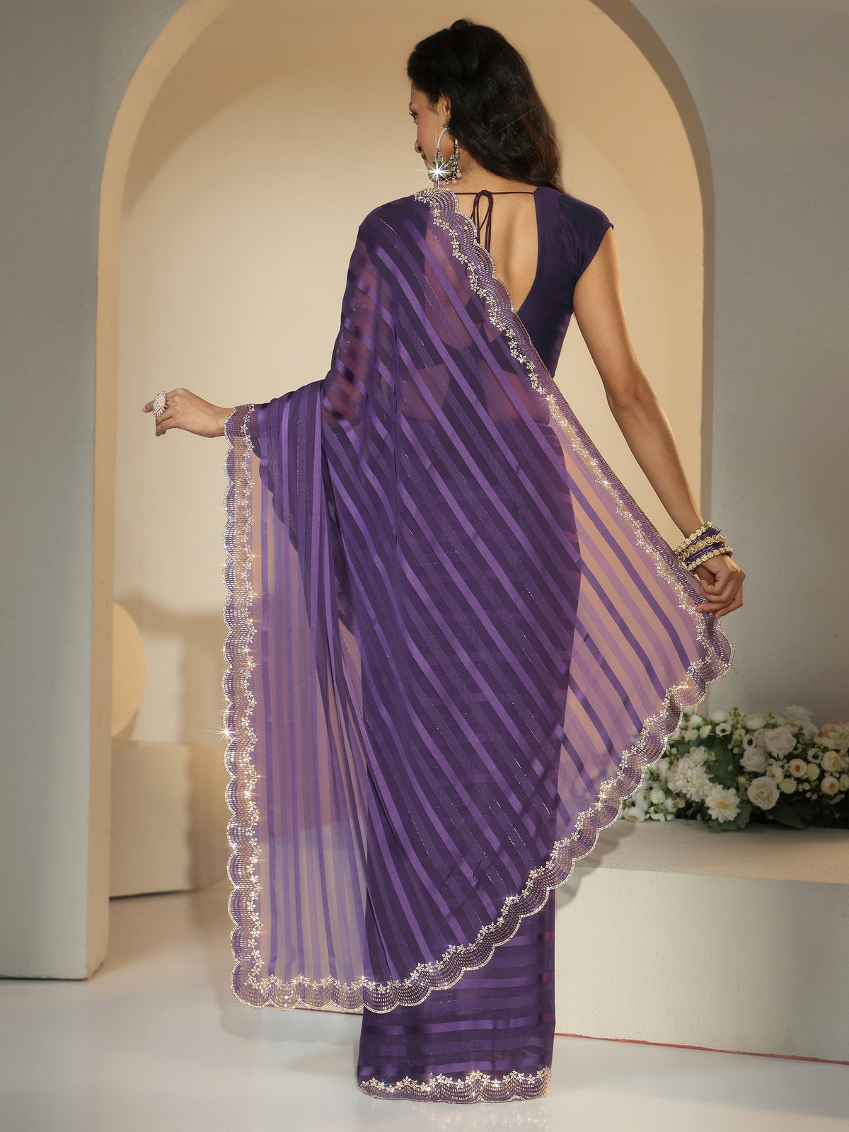 Anouk Purple Striped Embellished Net Saree