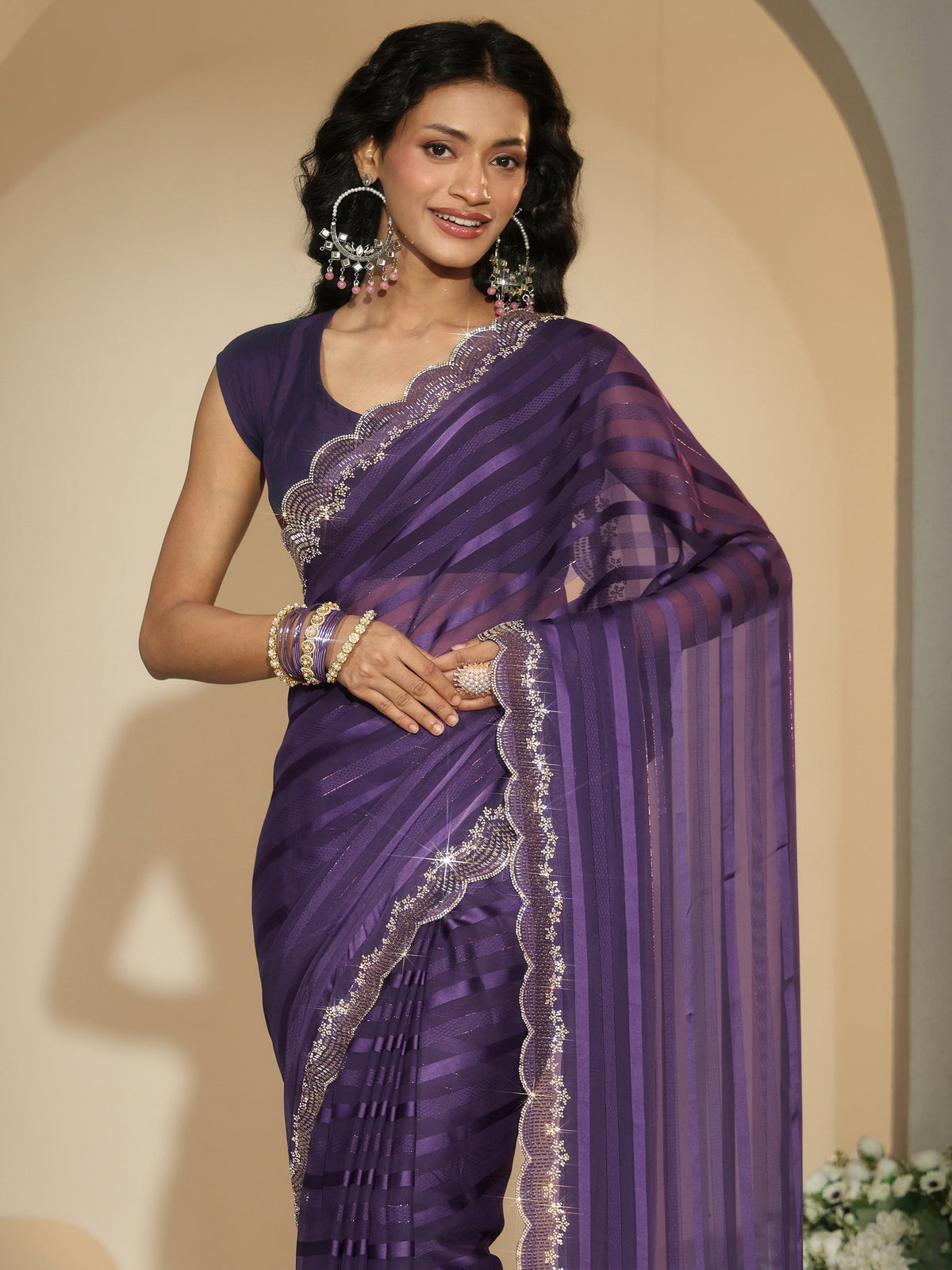 Anouk Purple Striped Embellished Net Saree
