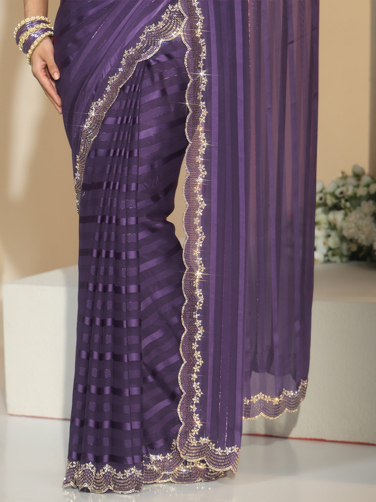 Anouk Purple Striped Embellished Net Saree
