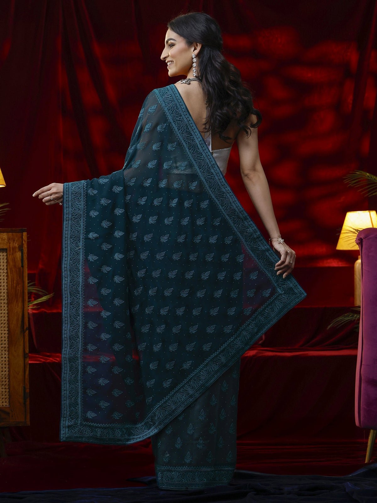 Anouk Blue Floral Embroidered Georgette Saree
