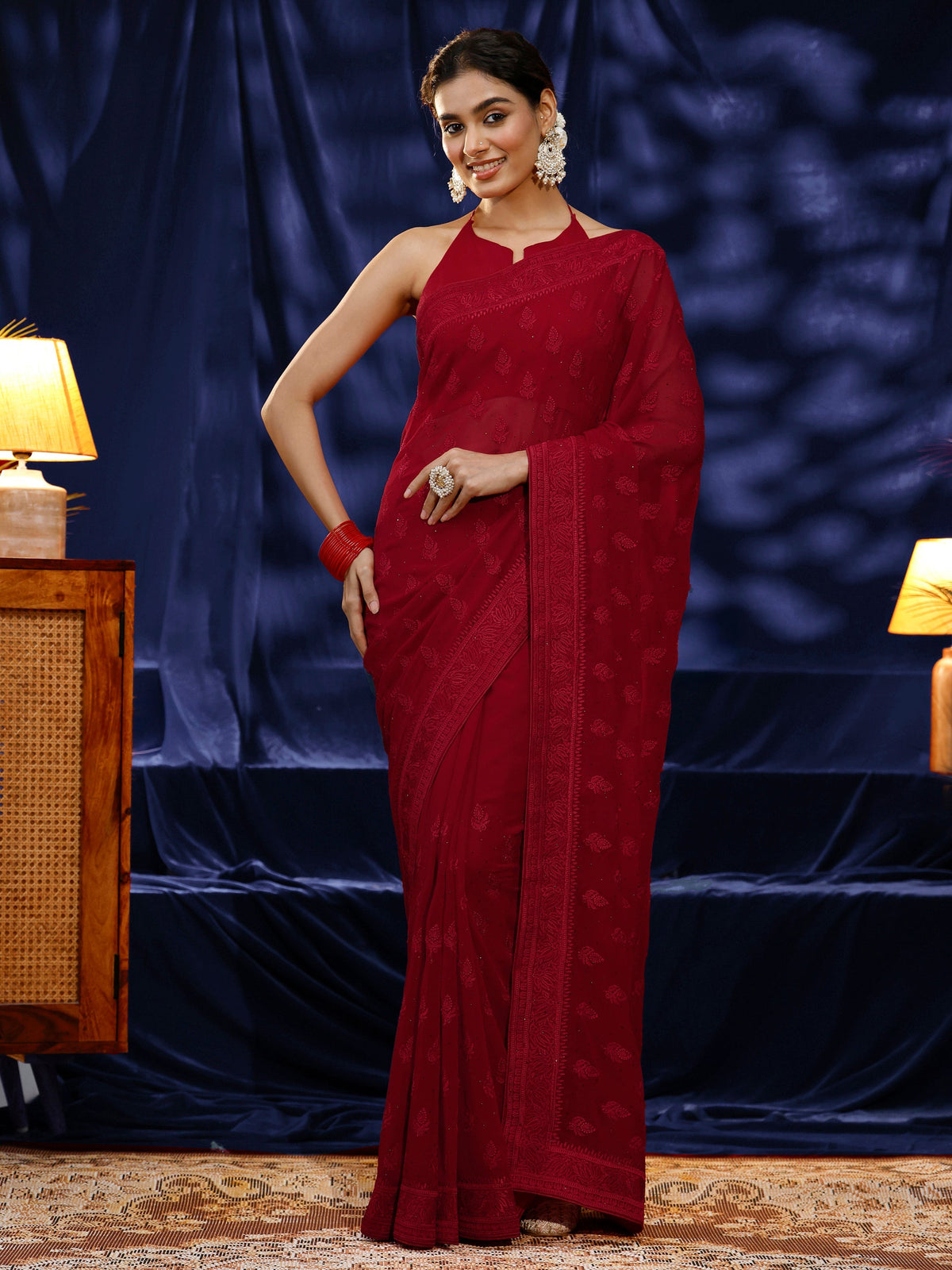 Anouk Red Floral Embroidered Georgette Saree