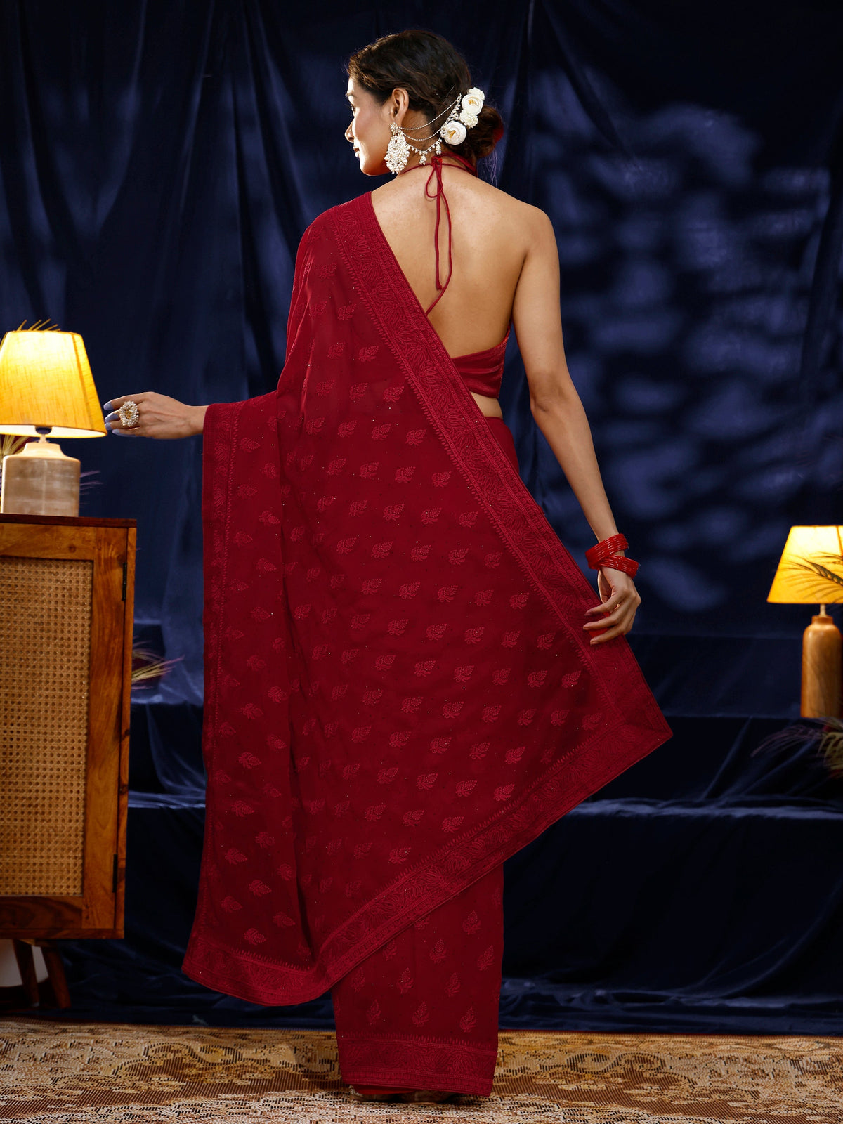 Anouk Red Floral Embroidered Georgette Saree