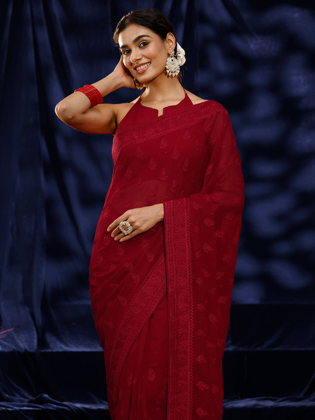 Anouk Red Floral Embroidered Georgette Saree