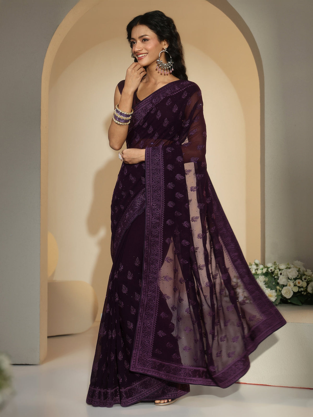 Anouk Aubergine Purple Floral Embroidered Georgette Saree