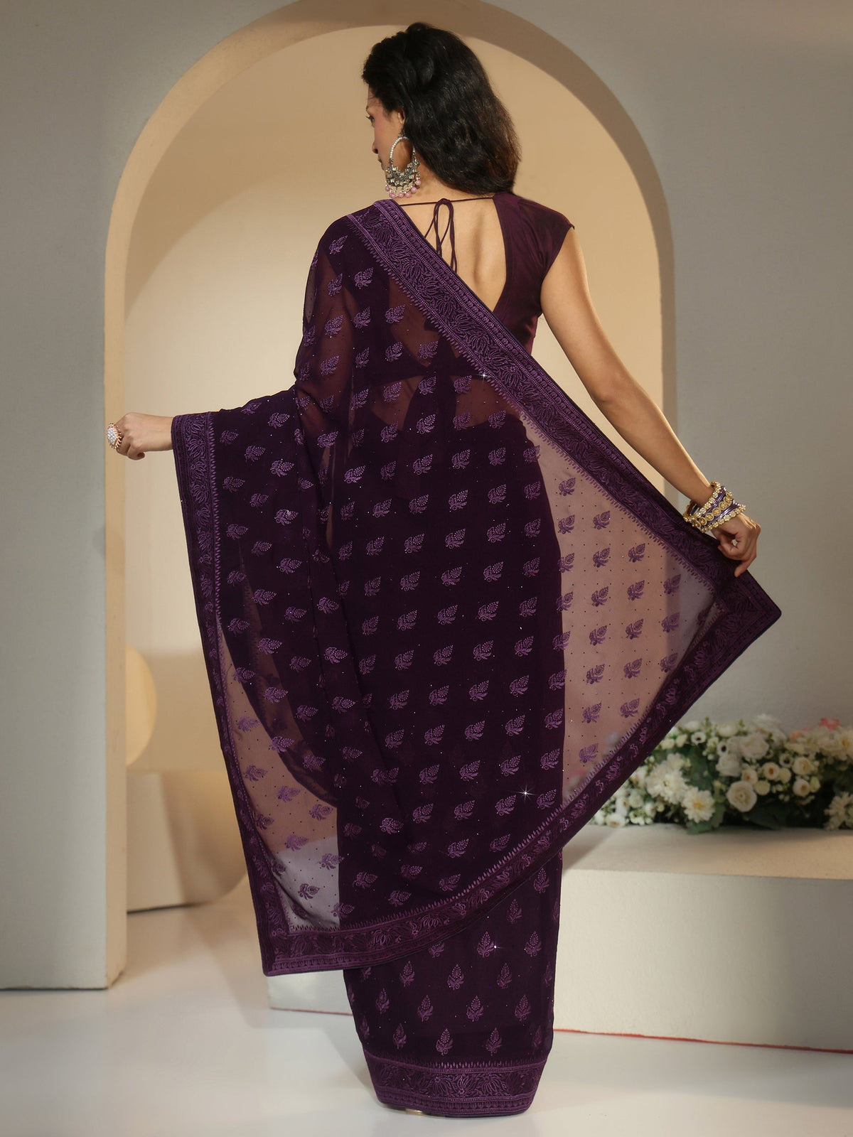 Anouk Aubergine Purple Floral Embroidered Georgette Saree