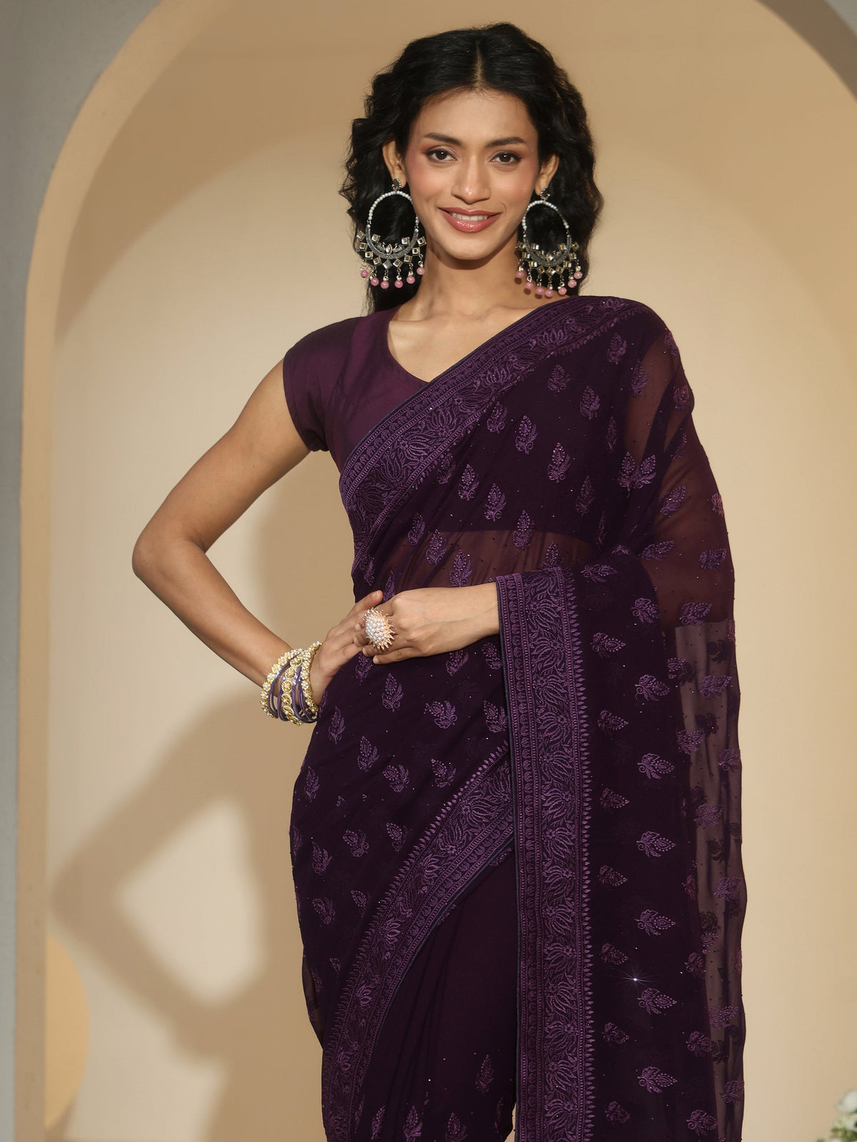 Anouk Aubergine Purple Floral Embroidered Georgette Saree