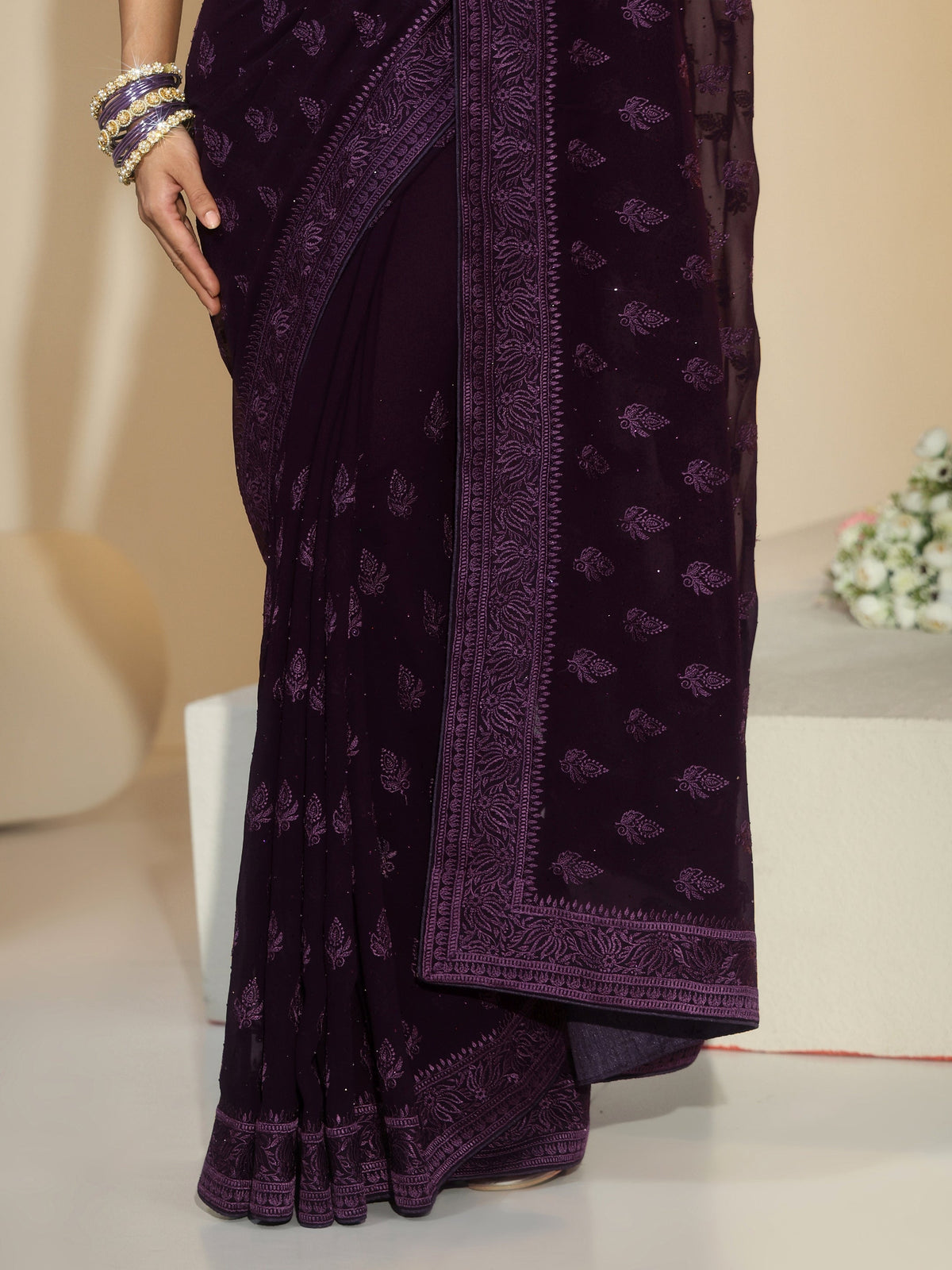 Anouk Aubergine Purple Floral Embroidered Georgette Saree
